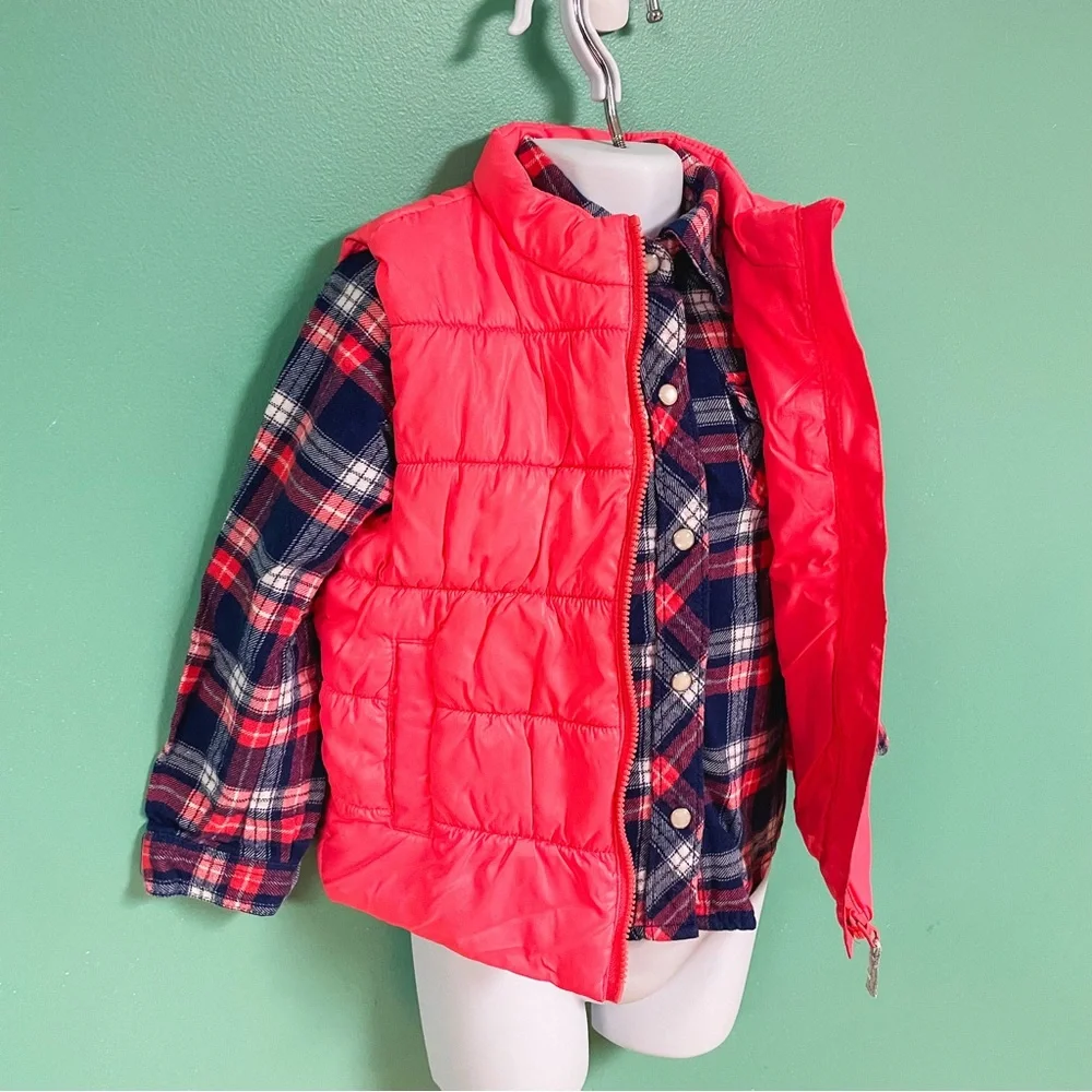 Carters Pink & Navy Plaid Flannel & Puffer Vest Outfit Toddler Girls Size 4T